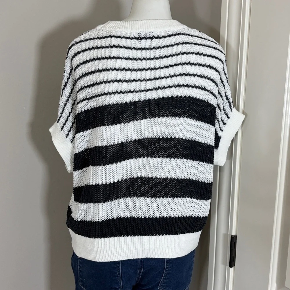 Evereve Ivy Open Weave Tee Sweater Navy Blue White Stripe Crewneck Sz S - Picture 6 of 10